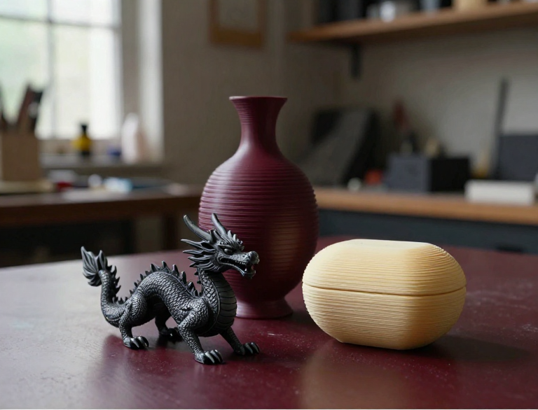 Representative concept photograph of a burgundy 3D-printed vase, charcoal dragon, and ivory keepsake box