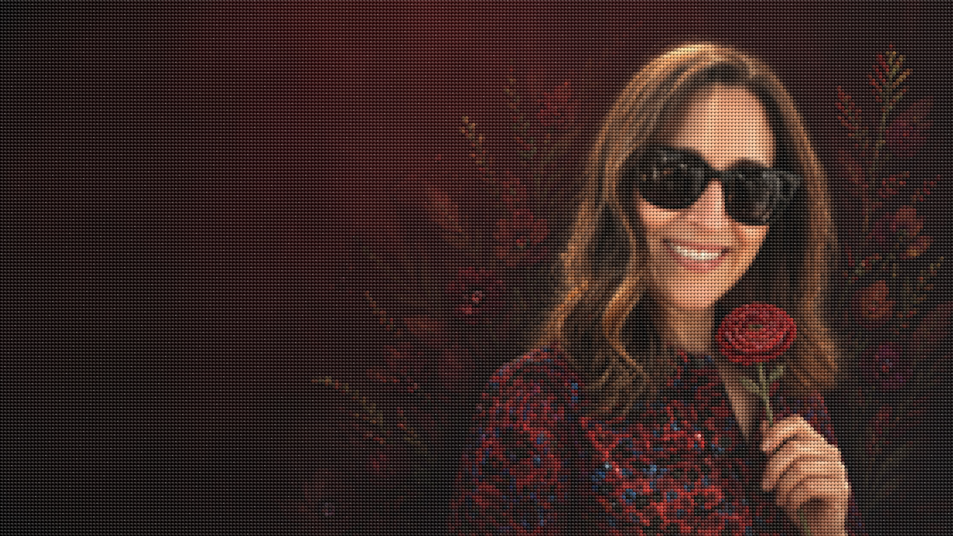 A full-drill diamond-painting portrait of Jill holding a red flower, constructed from a uniform grid of faceted resin drills